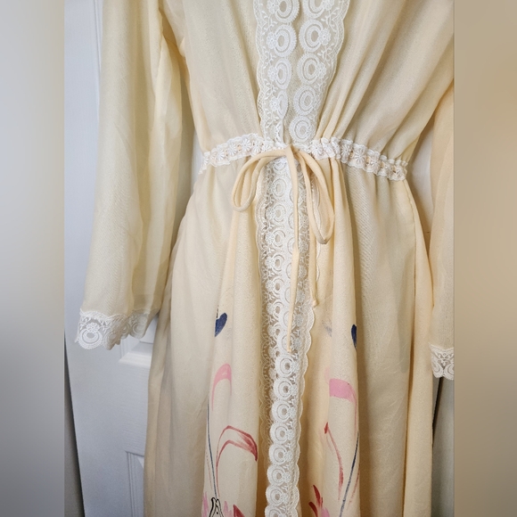 Vintage Dreamy 1970s Hand-Painted Boho Maxi • Sheer Ivory Nylon & Lace • S - Picture 6 of 13